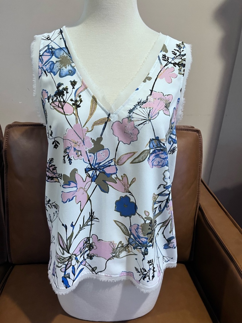 Halogen White Floral V-Neck Camisole with Pink & Blue Accents